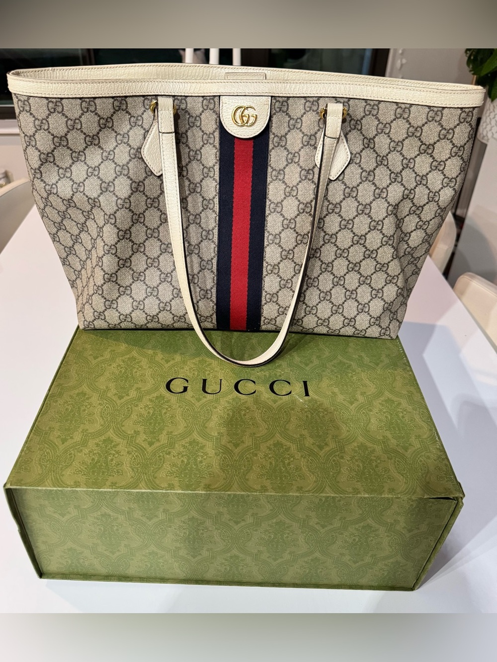 Gucci Ophidia GG Supreme Medium Tote Bag White Beige 631685